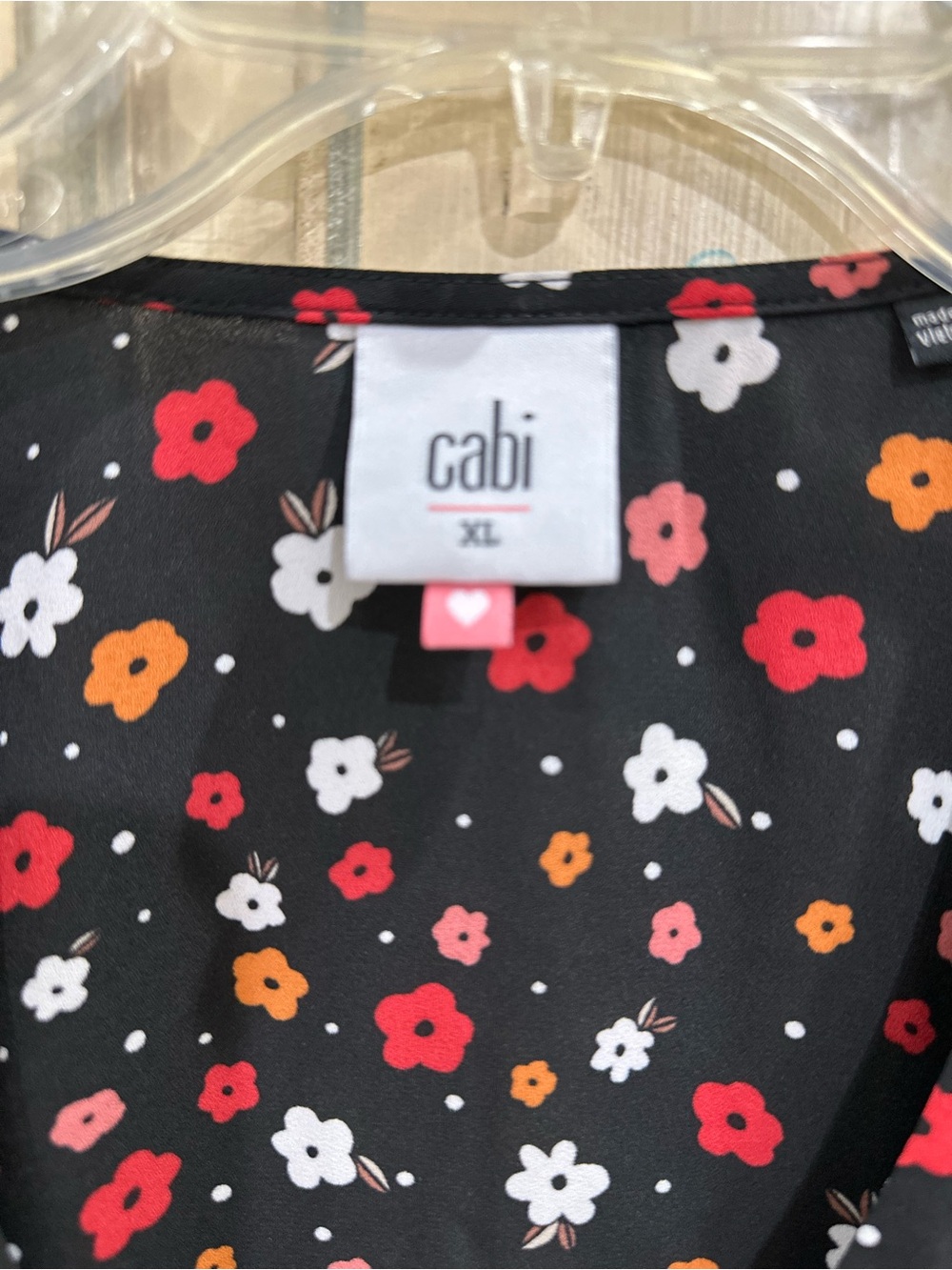 CAbi Black Top with Red, White & Orange Floral Print